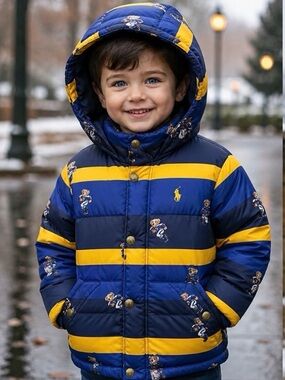 Polo Ralph Lauren Striped Allover Bear Print Puffer Jacket in Navy Yellow 4T